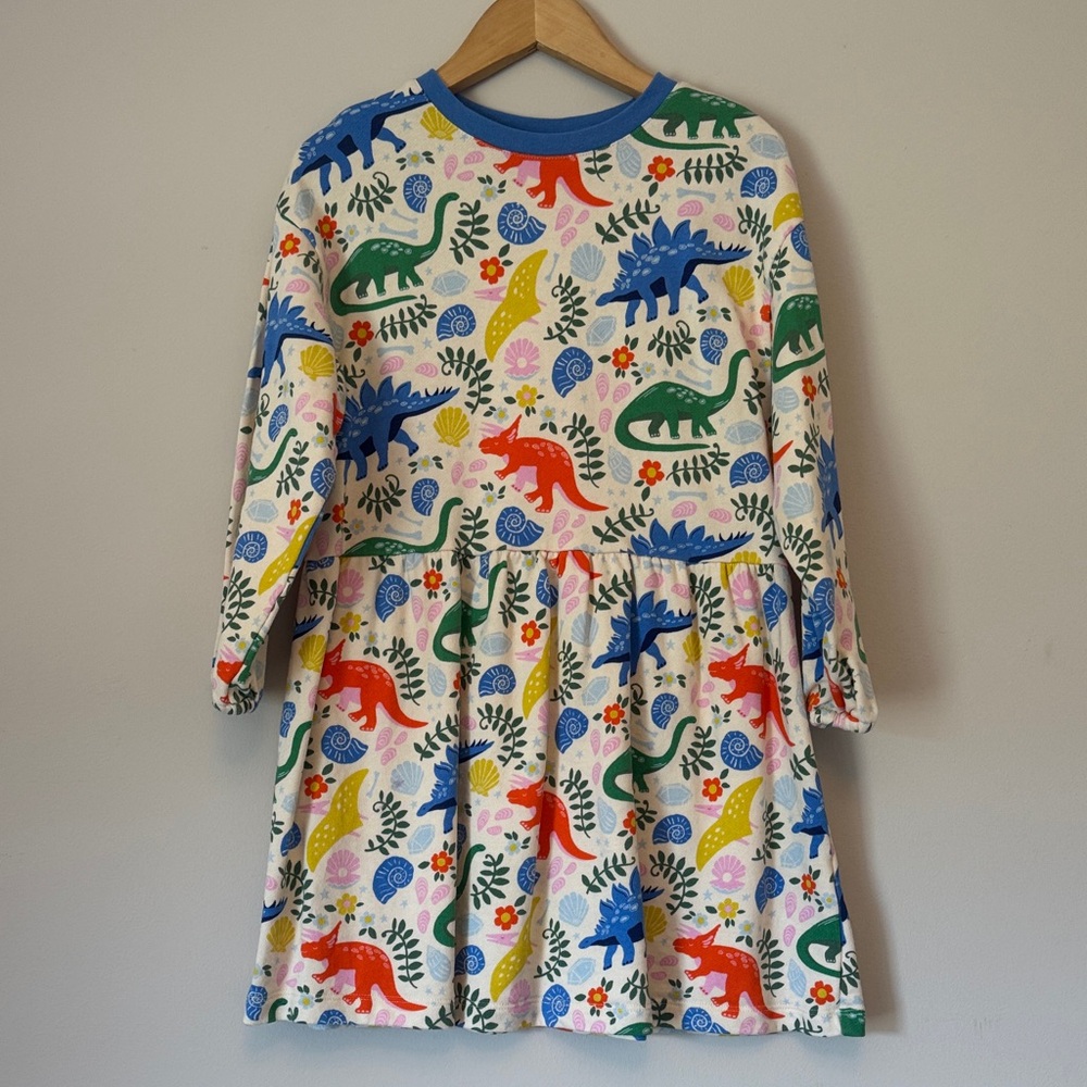 Mini Boden Cream Dress with Multicolor Dinosaur Print (blue, green, red, yellow)
